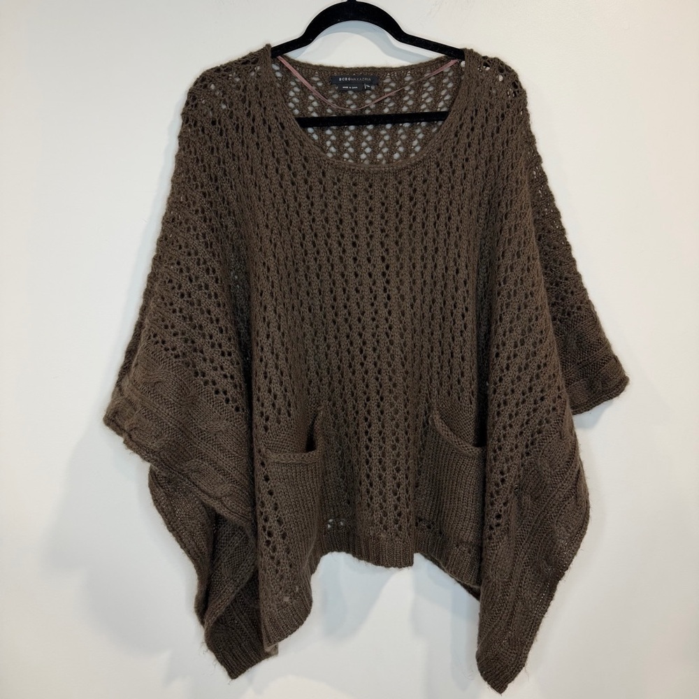BCBGmaxazria Wool Blend Poncho Sweater Brown Open Knit Front Pockets Size S/M - Picture 1 of 6